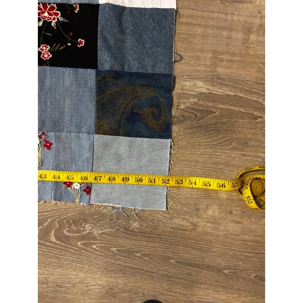 Unfinished Quilt Top Handmade Patchwork Denim Embroidered Upcycled Boho 71x52
